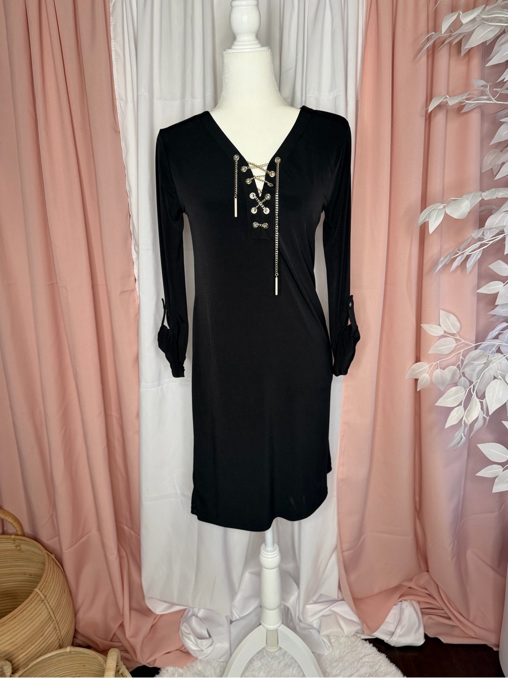 Michael Michael Kors Black Chain Lace-Up Shift Dress | XS